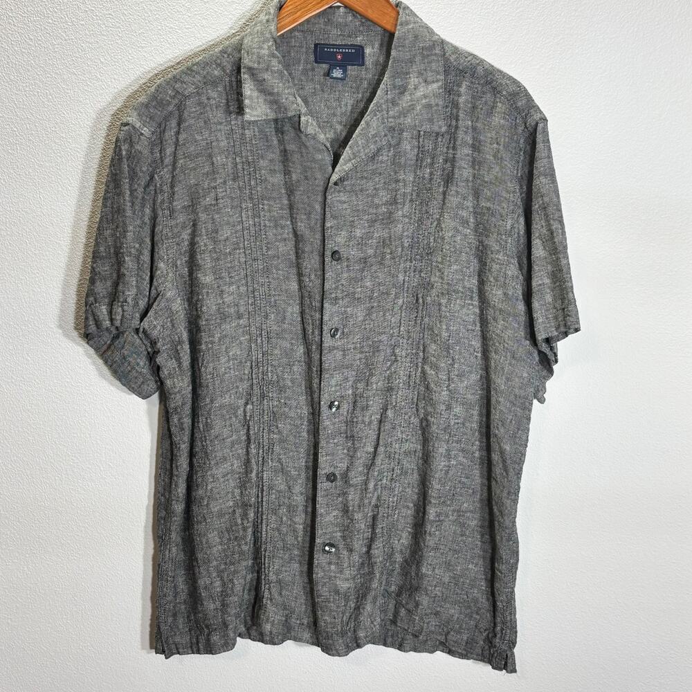 Saddlebred XL Linen Rayon Short Sleeve Button Front Shirt Gray Textured